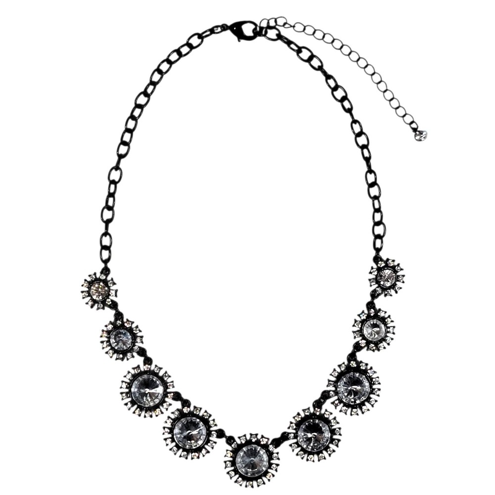 Black Rhinestone Starburst Statement Necklace 16-19" Victorian Revival Gothic